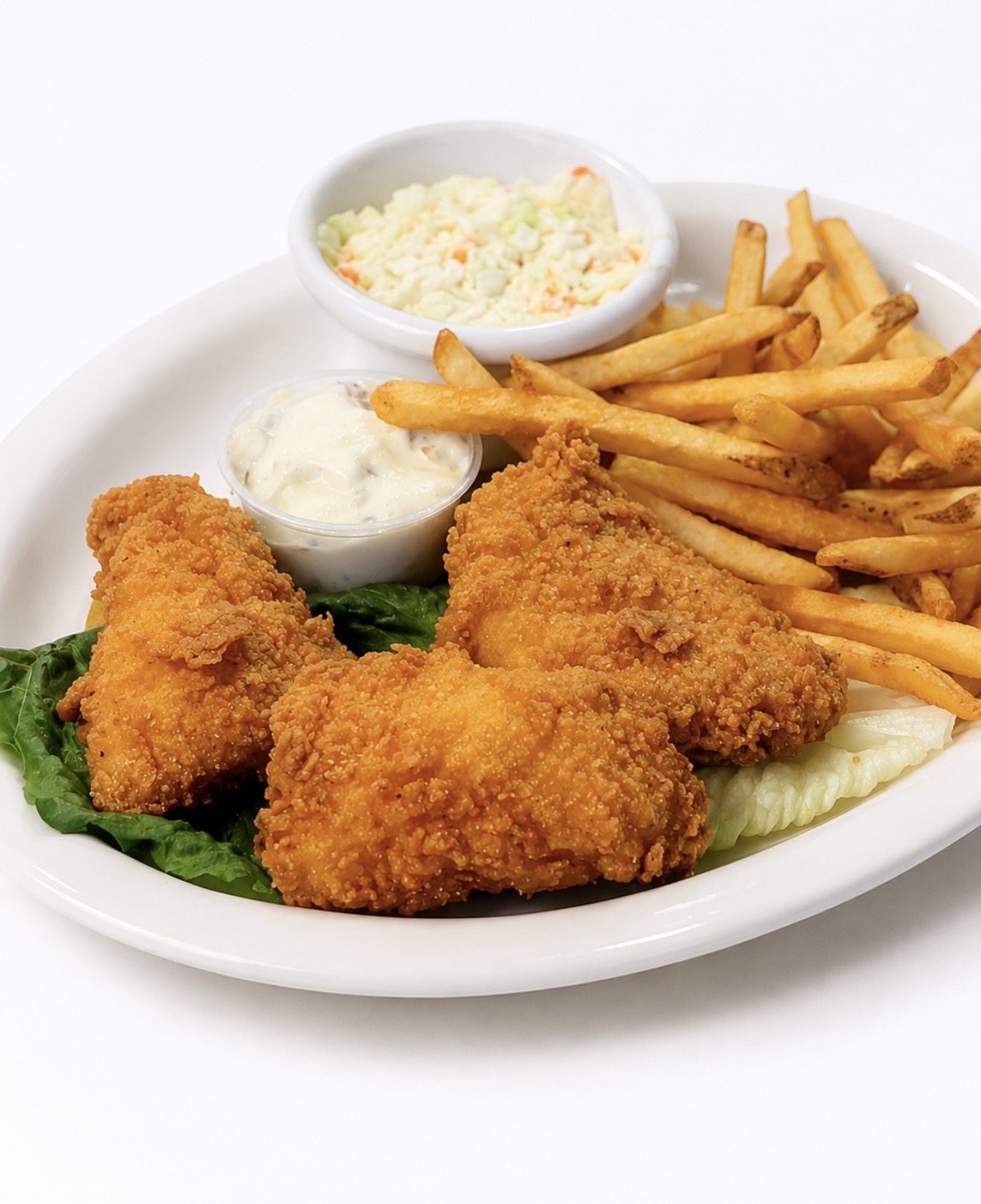 Coachman fish and chips with coleslaw and tartar sauce