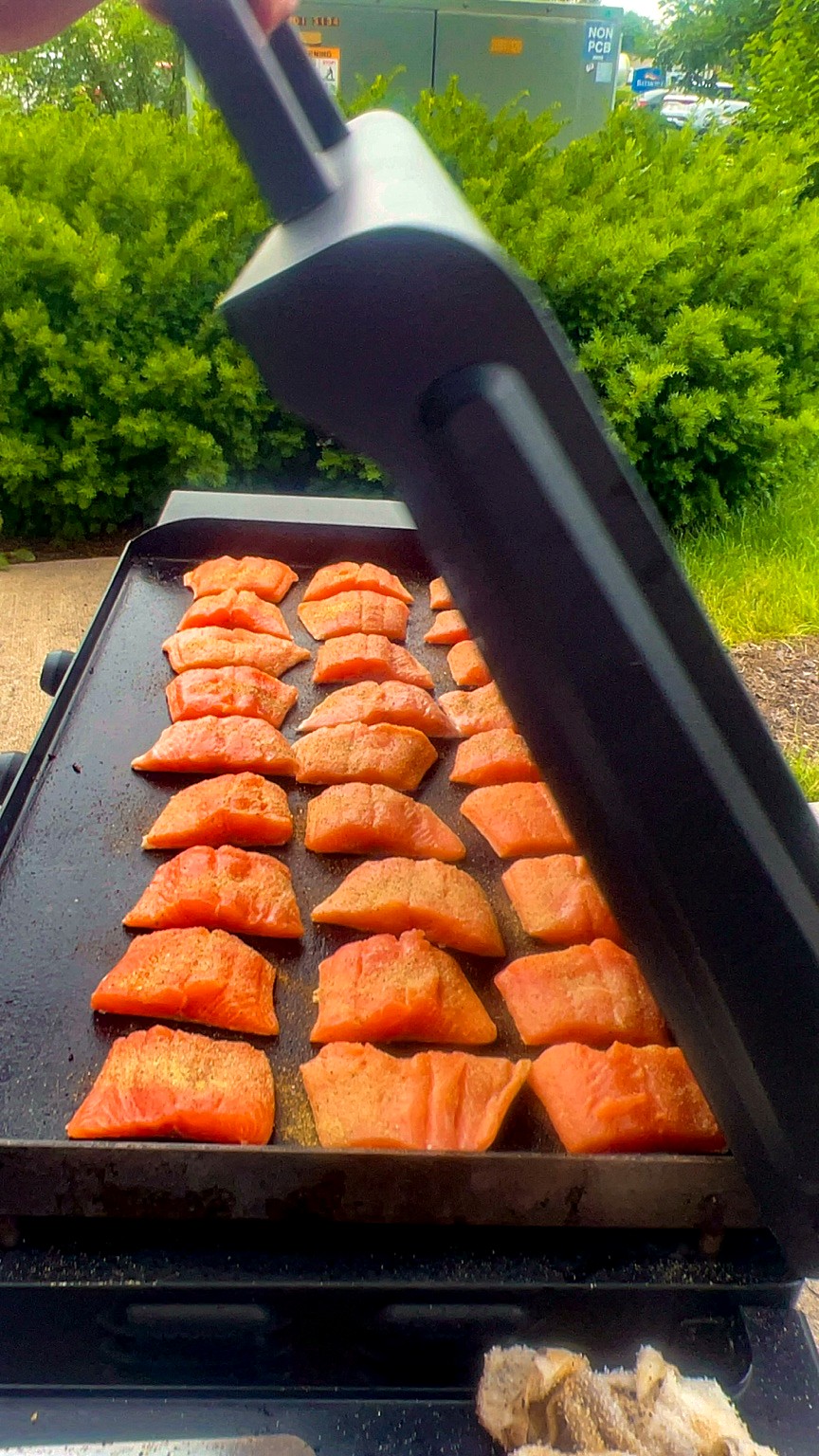 Salmon cooking on the Coachman catering grill
