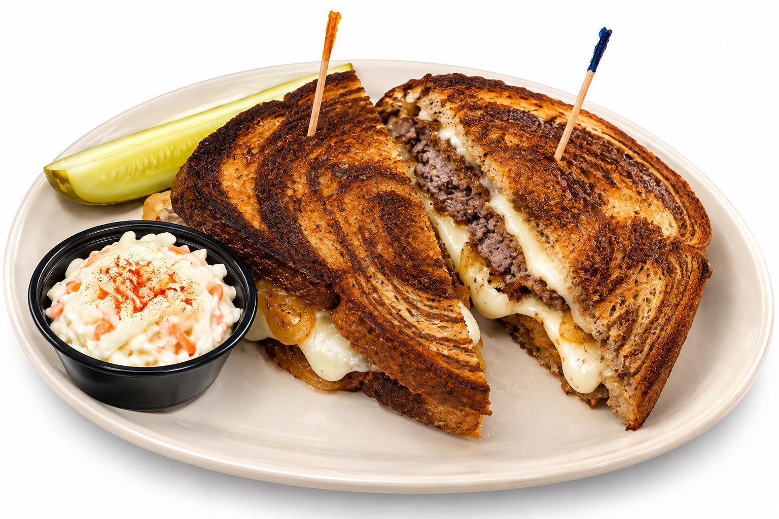 Patty Melt with coleslaw and a pickle